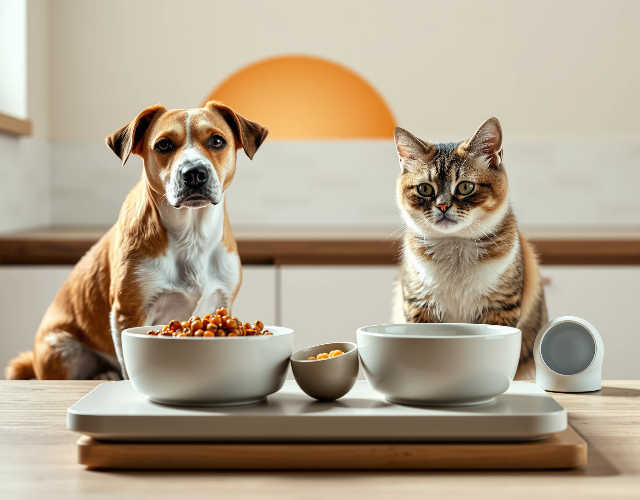 Illustrative dog and cat beside feeding bowls and measuring equipment