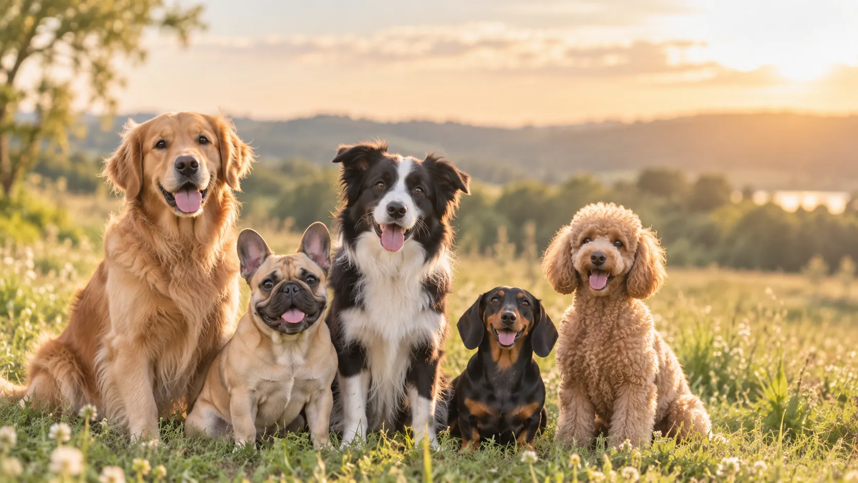Five dogs of different breeds sitting together in a sunlit meadow
