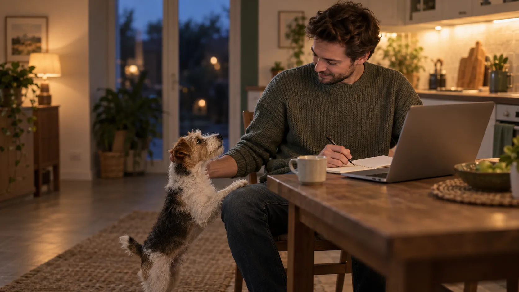 An owner budgets at the kitchen table while his terrier props paws on his knee