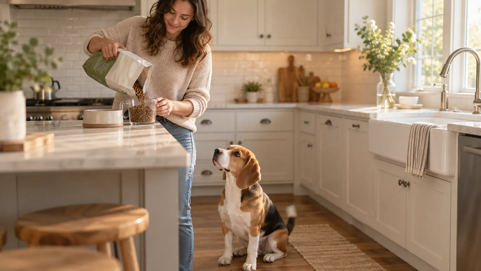 A dog waits politely as its owner measures out kibble at breakfast