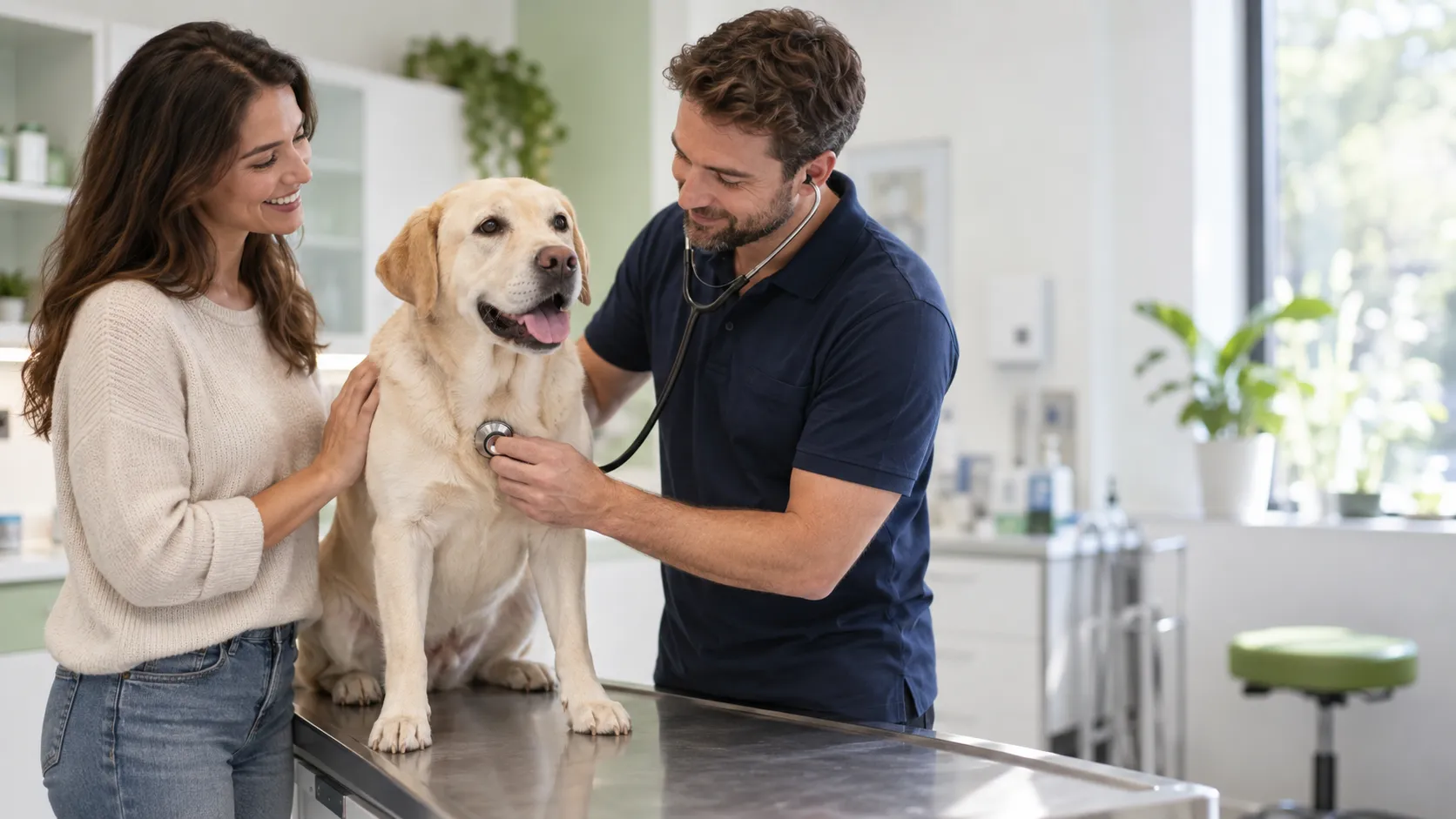 A veterinarian gently examines a calm labrador while its owner looks on