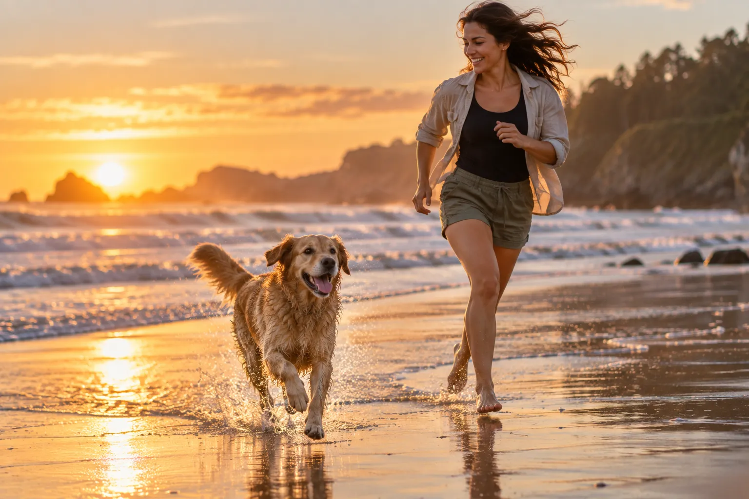A dog and owner running down the beach at golden hour