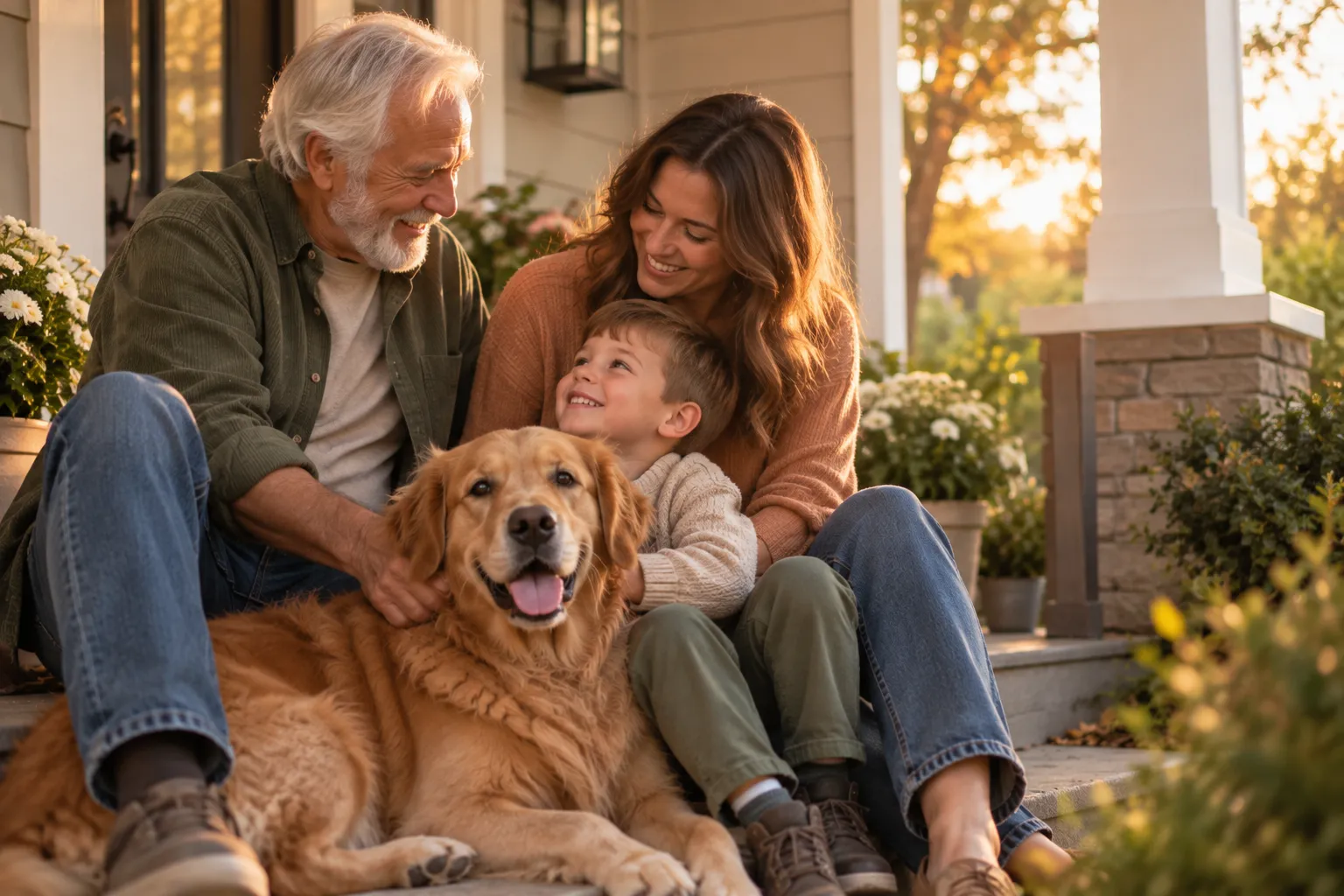 Three generations of a family with their dog on the porch