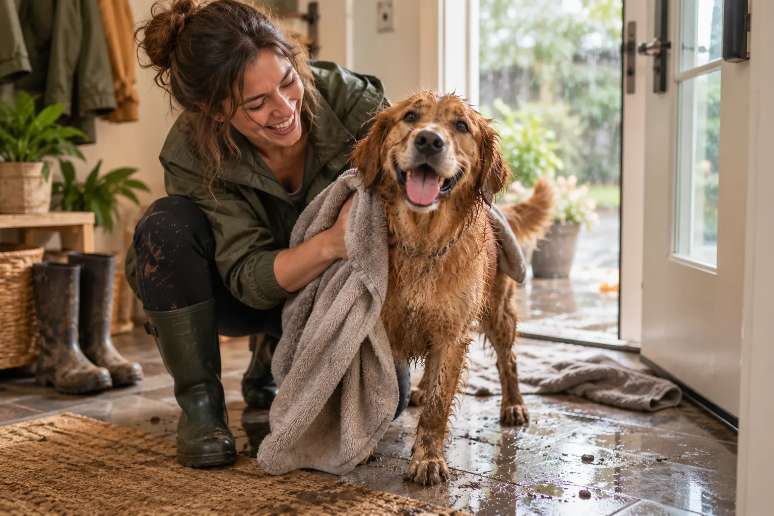 A laughing owner toweling off a muddy, happy dog