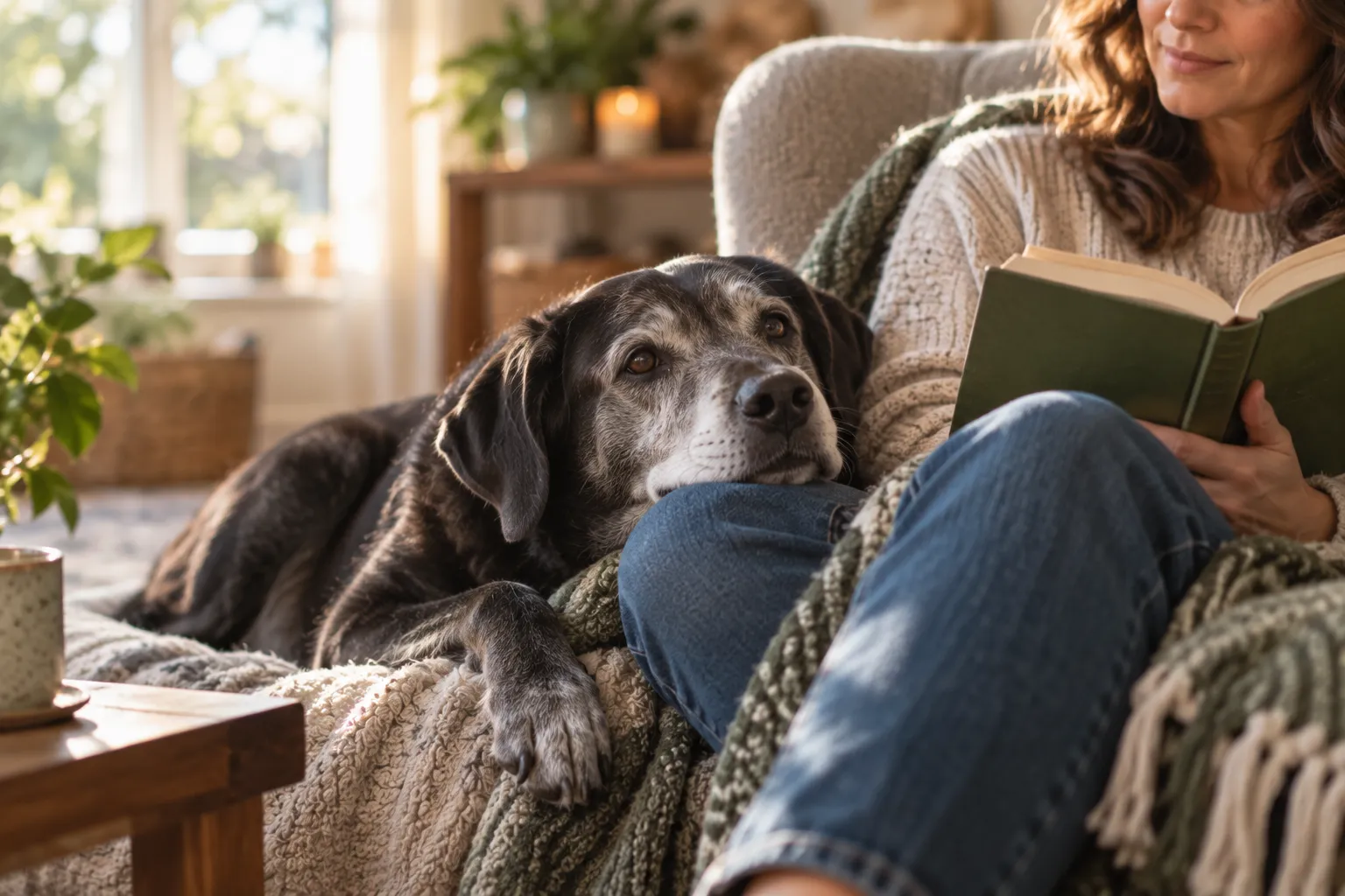 A grey-muzzled senior dog resting its head on a knee