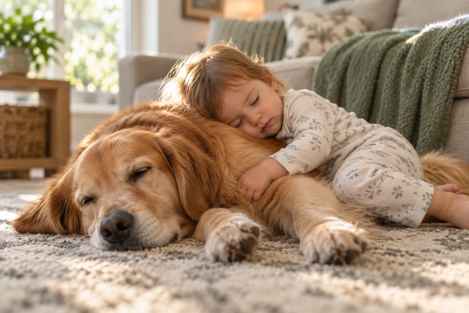 A toddler asleep on a patient golden retriever